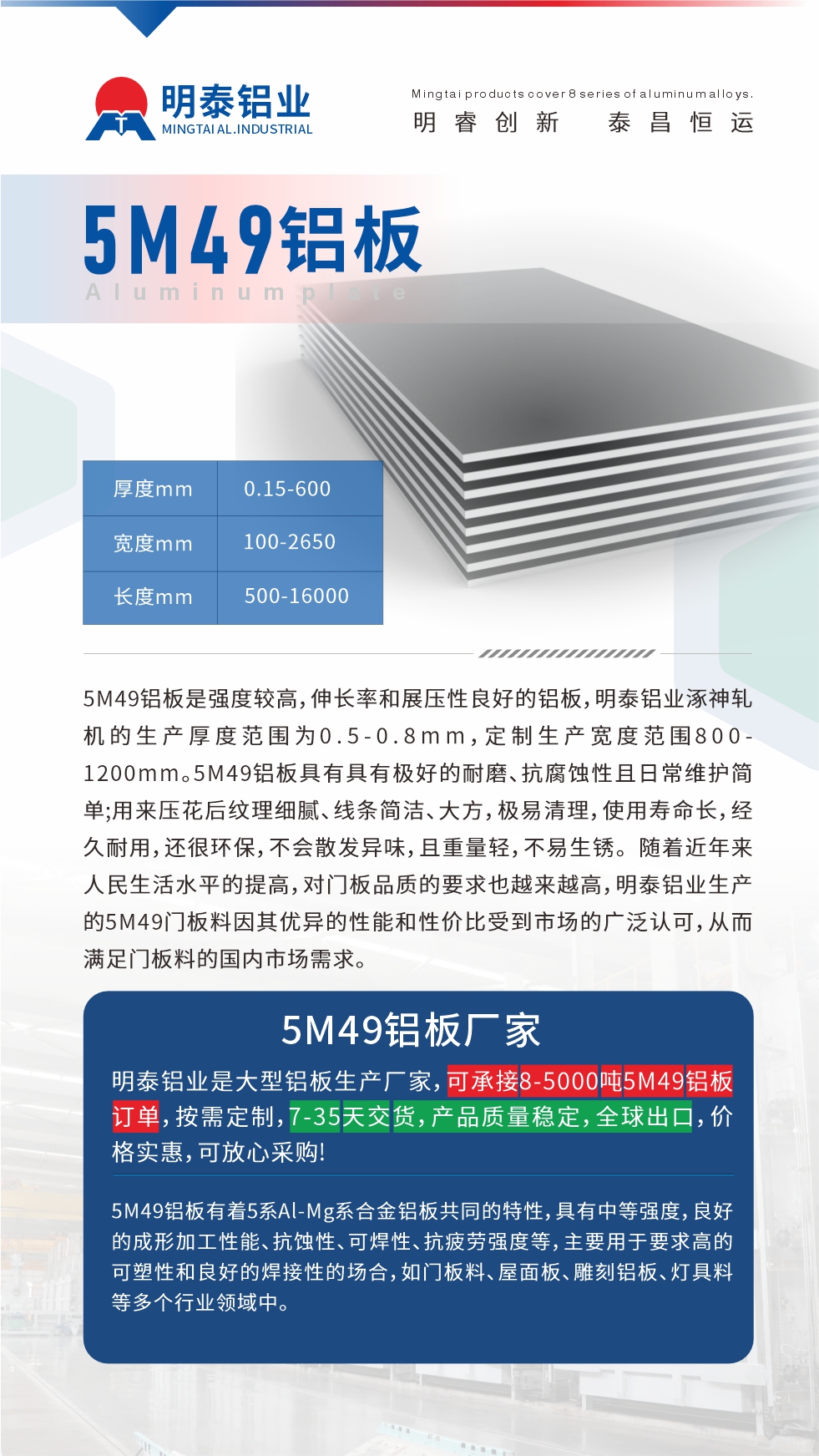 5M49鋁板是強度較高，伸長率和展壓性良好的鋁板，明泰鋁業涿神軋機的生產厚度范圍為0.5-0.8mm，定制生產寬度范圍800-1200mm。5M49鋁板具有具有極好的耐磨、抗腐蝕性且日常維護簡單;用來壓花后紋理細膩、線條簡潔、大方，極易清理，使用壽命長，經久耐用，還很環保，不會散發異味，且重量輕，不易生銹。 隨著近年來人民生活水平的提高，對門板品質的要求也越來越高，明泰鋁業生產的5M49門板料因其優異的性能和性價比受到市場的廣泛認可，從而滿足門板料的國內市場需求。
