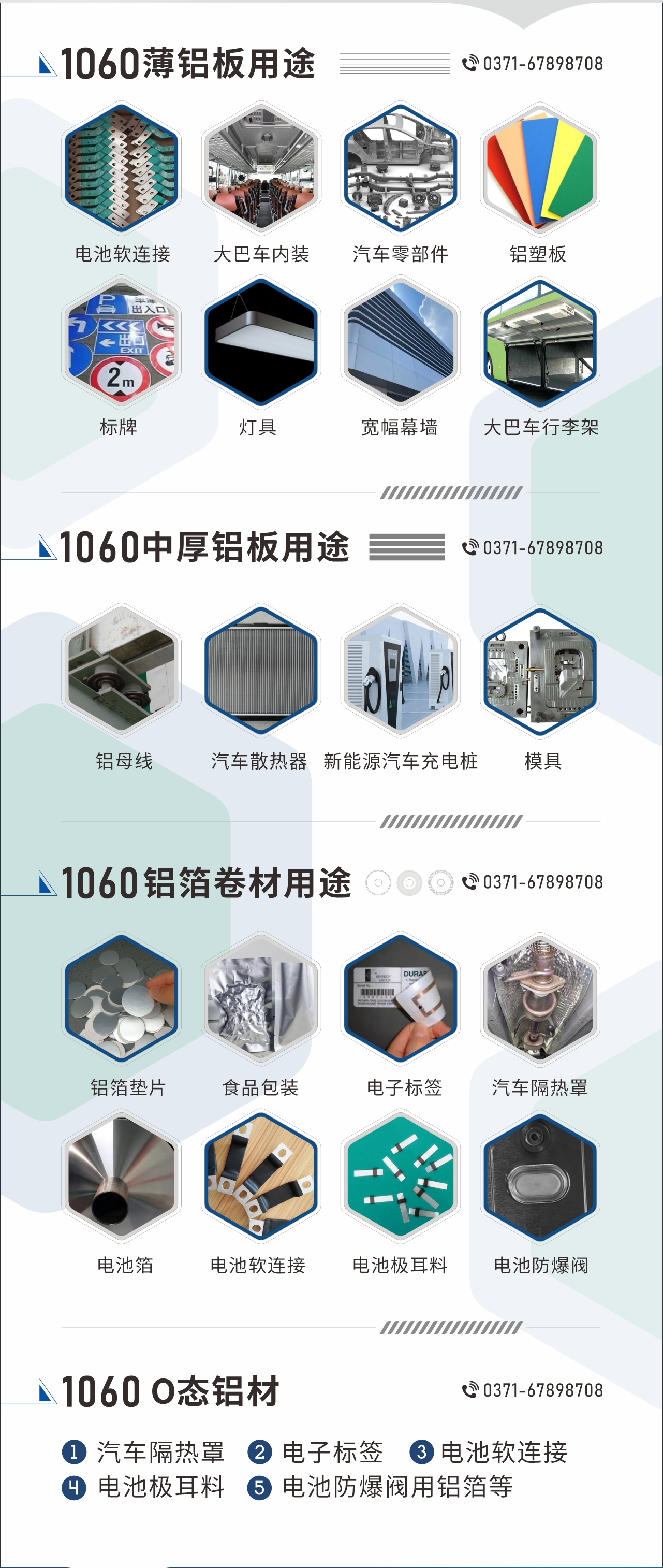 1060鋁板卷用途
　　1060鋁薄板用途： 電池軟連接、大巴車內(nèi)裝、汽車零部件、鋁塑板、標牌、燈具、寬幅幕墻、大巴車行李架/地板/花紋板(宇通公司使用)等;1060中厚鋁板用途：鋁母線、汽車散熱器、新能源汽車充電樁、模具等;1060鋁箔卷材用途：鋁箔墊片、食品包裝、電子標簽、汽車隔熱罩用鋁箔、電池箔、電池軟連接、電池極耳料、電池防爆閥等;1060-O態(tài)鋁材用途：汽車隔熱罩、電子標簽、電池軟連接、電池極耳料、電池防爆閥用鋁箔等;1060鋁板多少錢1噸.1060鋁板價格=發(fā)貨當天長江鋁錠價+加工費