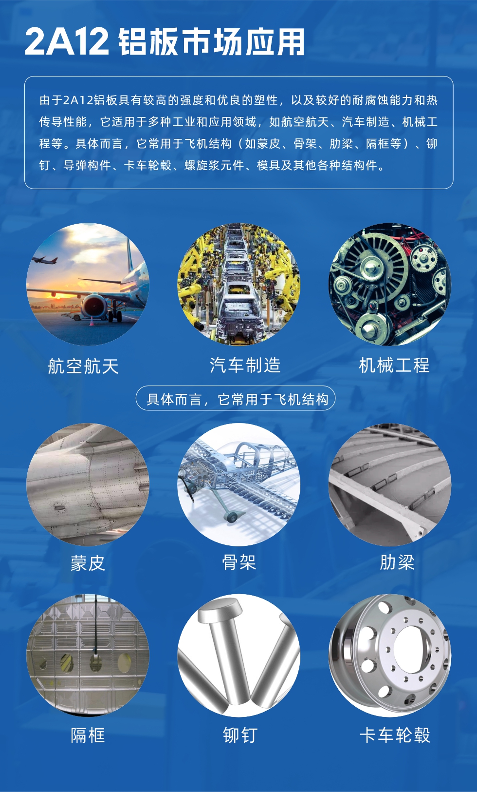 2A12鋁板產(chǎn)品用途

由于2A12鋁板具有較高的強度和優(yōu)良的塑性，以及較好的耐腐蝕能力和熱傳導(dǎo)性能，它適用于多種工業(yè)和應(yīng)用領(lǐng)域，如航空航天、汽車制造、機械工程等。具體而言，它常用于飛機結(jié)構(gòu)（如蒙皮、骨架、肋梁、隔框等）、鉚釘、導(dǎo)彈構(gòu)件、卡車輪轂、螺旋漿元件、模具及其他各種結(jié)構(gòu)件。
