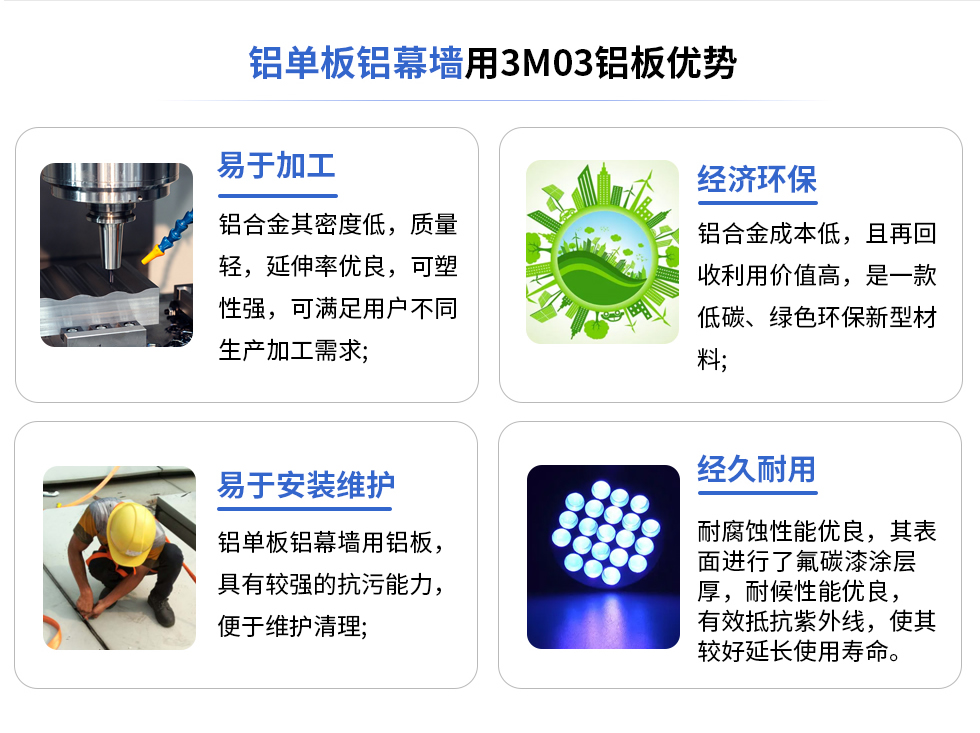 鋁單板鋁幕墻用3M03鋁板優(yōu)勢(shì)
易于加工
鋁合金其密度低，質(zhì)量輕，延伸率優(yōu)良，可塑性強(qiáng)，可滿足用戶不同生產(chǎn)加工需求;
易于安裝維護(hù)
鋁單板鋁幕墻用鋁板具有較強(qiáng)的抗污能力，便于維護(hù)清理;
經(jīng)濟(jì)環(huán)保
鋁合金成本低，且再回收利用價(jià)值高，是一款低碳、綠色環(huán)保新型材料，
經(jīng)久耐用
耐腐蝕性能優(yōu)良，其表面進(jìn)行了氟碳漆涂層厚，耐候性能優(yōu)良，有效抵抗紫外線，使其較好延長(zhǎng)使用壽命。